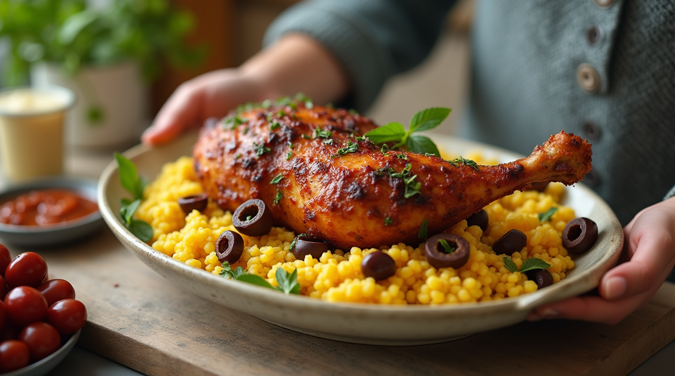 Crispy Chicken Leg with Couscous and Olives