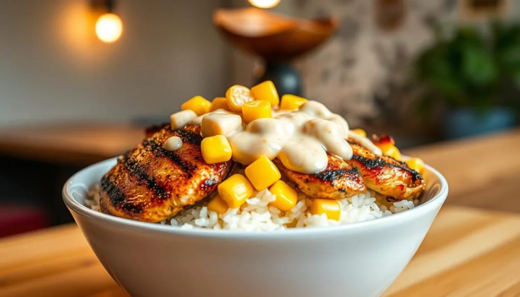 street corn chicken rice bowl